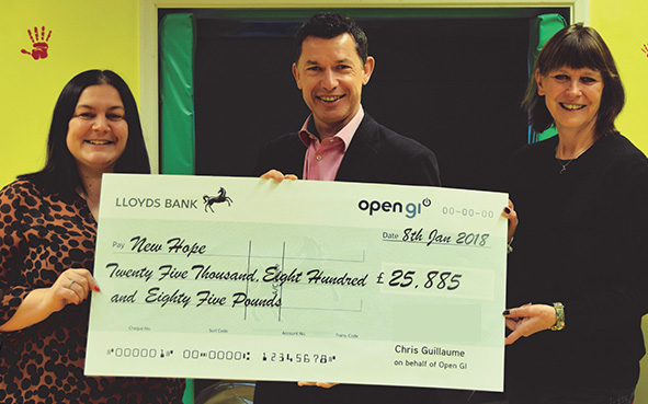 Chris Guillaume Group CEO Open GI presents cheque to New Hope Chris Guillaume Group CEO Open GI presents cheque to New Hope
