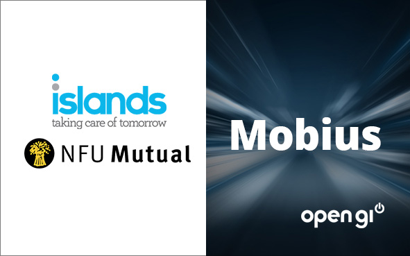 Starburst background, word Mobius in centre with Open GI logo, NFU Mutual logo and Island logo