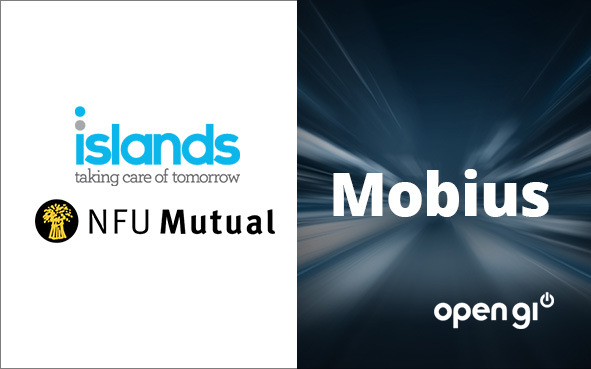 Islands PR Starburst background, word Mobius in centre with Open GI logo, NFU Mutual logo and Island logo