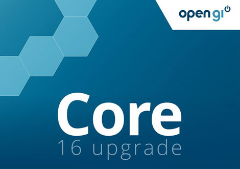 Blue background, blue hexagon, Open GI logo, Core 16 Upgrade text