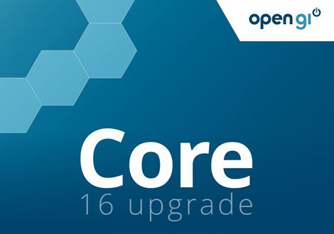 Open GI Core 16 Upgrade Blue background, blue hexagon, Open GI logo, Core 16 Upgrade text