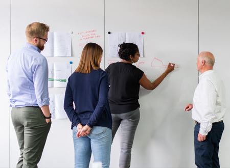 Men and women stood at whiteboard - Percayso and Open GI data enrichment partnership